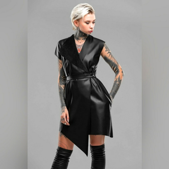 💖 💖 NWT Vegan Leather Asymmetrical Wrap Dress, Black, Size XL - Picture 10 of 10